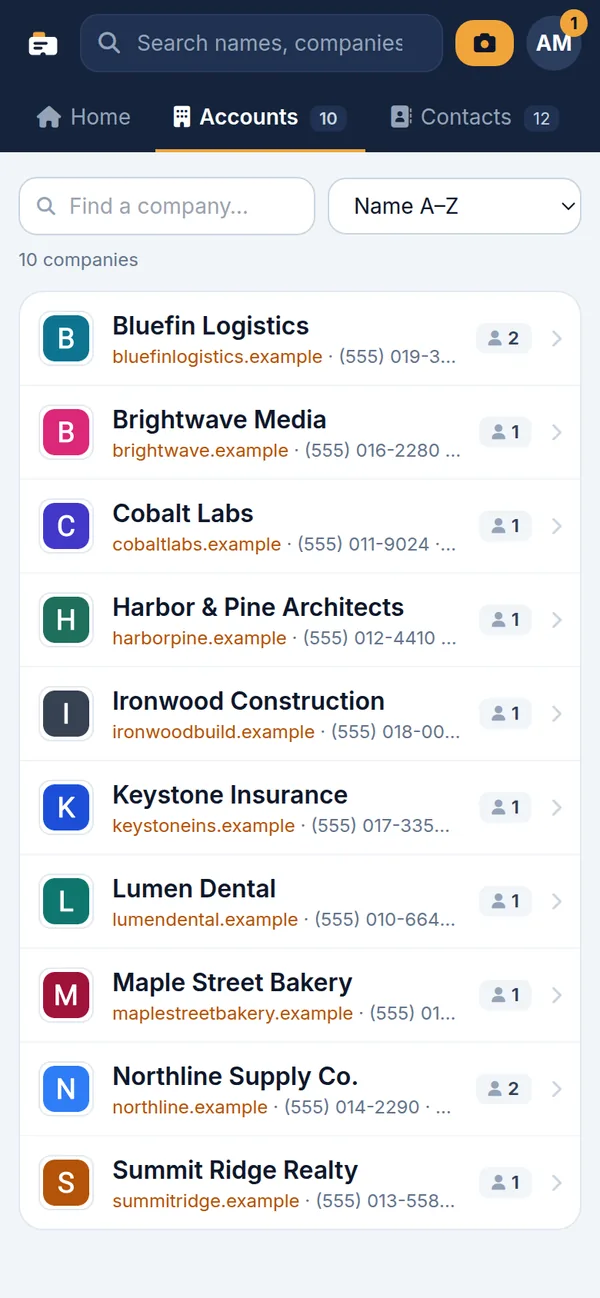 Companies with their logos, websites, phone numbers and contact counts