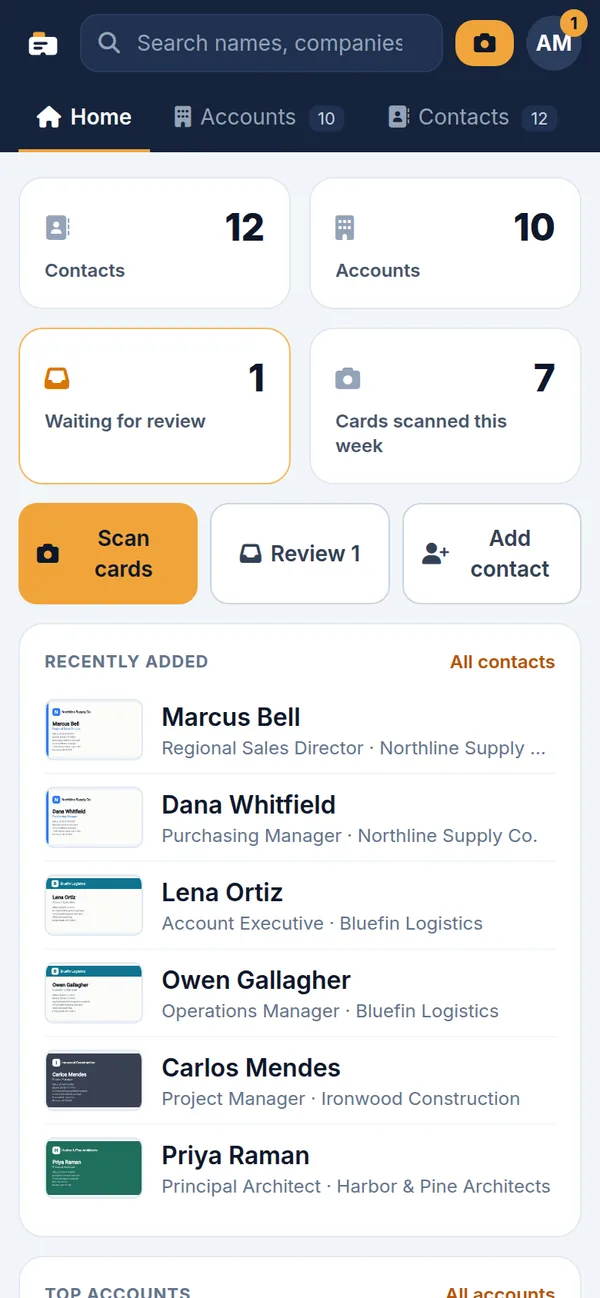 The home screen with contact counts, recent cards and quick actions
